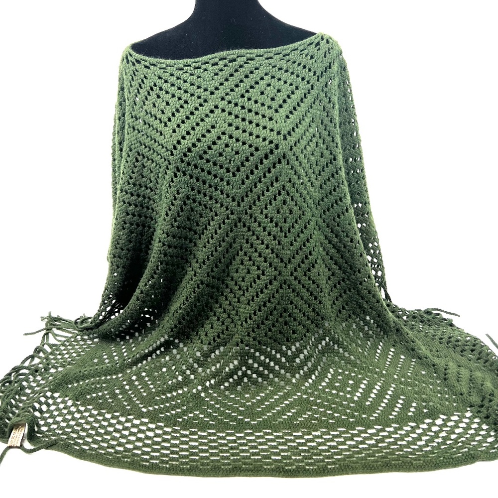 Green Acrylic Crochet Pancho - Square with Fringe at Bottom - OS